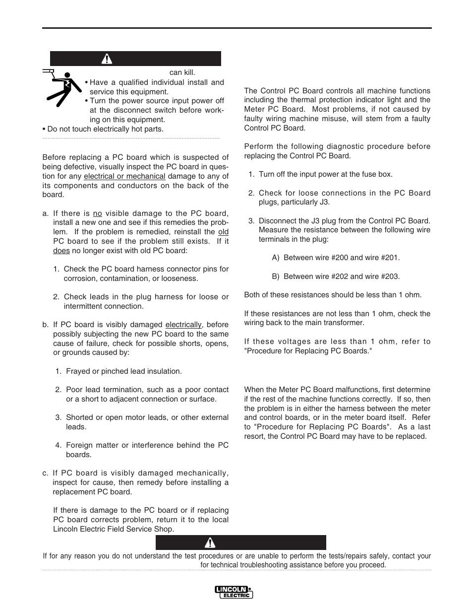 Troubleshooting, Caution, Warning pc board troubleshooting procedures | Lincoln Electric IM501 IDEALARC CV400-I User Manual | Page 27 / 44