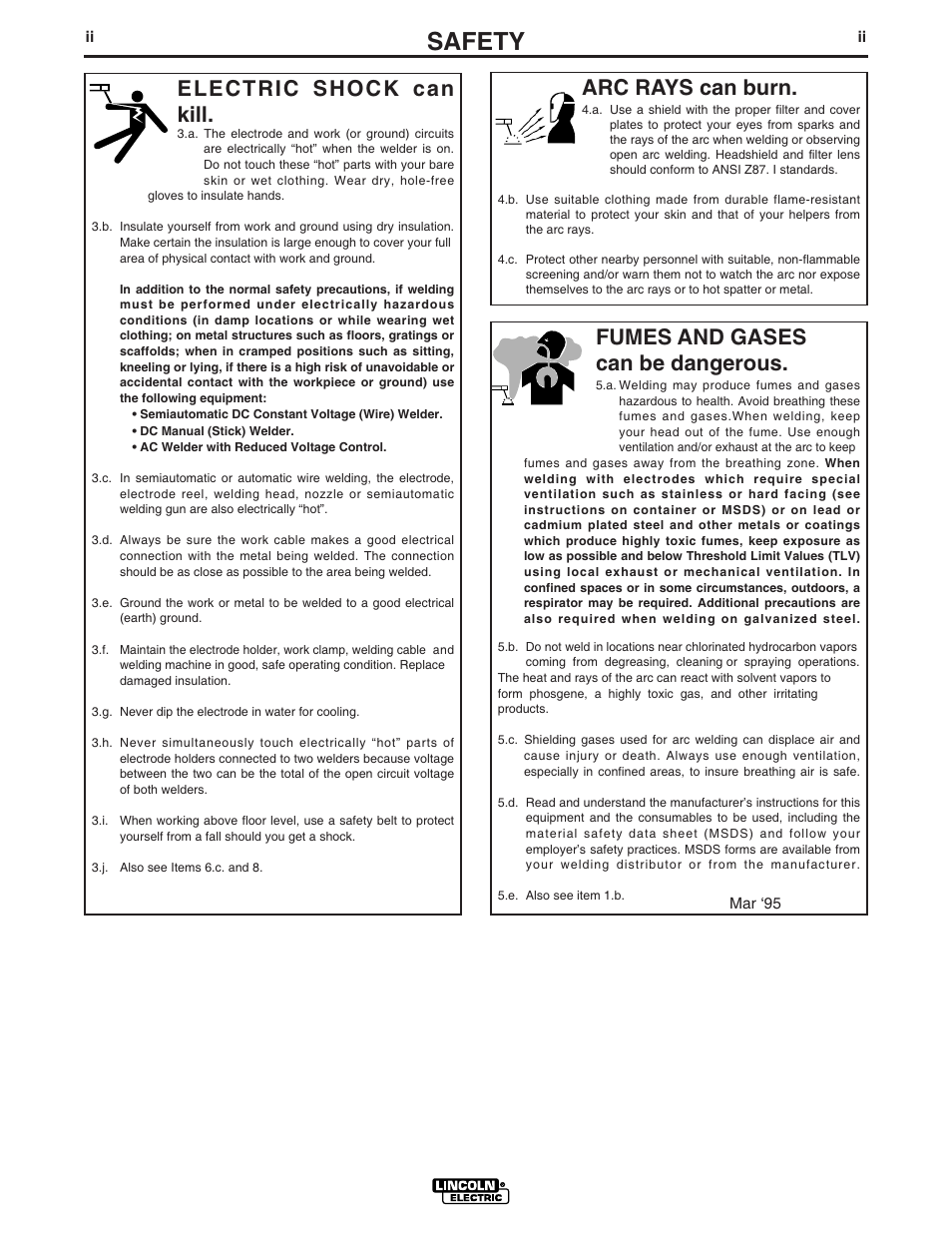 Safety, Arc rays can burn, Electric shock can kill | Fumes and gases can be dangerous | Lincoln Electric IM501 IDEALARC CV400-I User Manual | Page 3 / 44