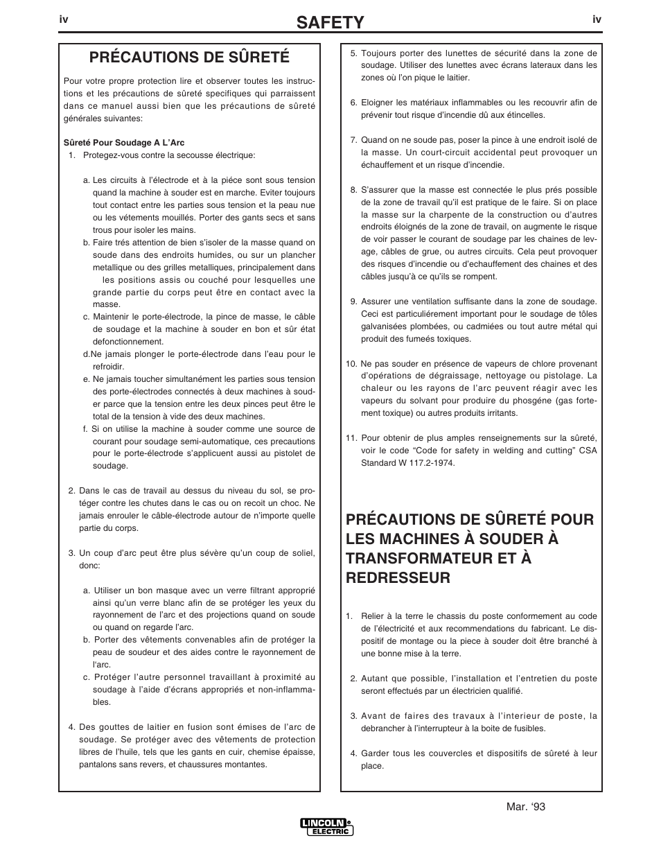 Safety, Précautions de sûreté | Lincoln Electric IM501 IDEALARC CV400-I User Manual | Page 5 / 44