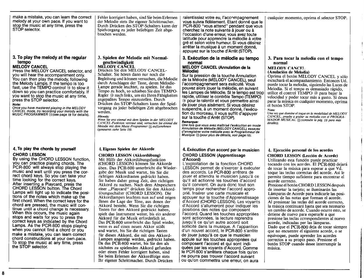 To play the melody at the regular tempo, Melody cancel, To play the chords by yourself chord lesson | Exécution de la mélodie au tempo normal, Para tocar la melodía con el tempo normal | Yamaha PCR-800 User Manual | Page 10 / 35