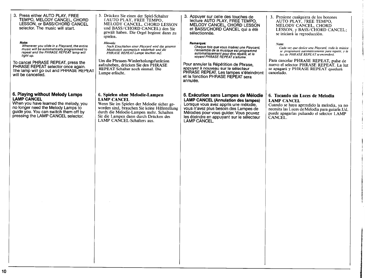 Playing without melody lamps, Lamp cancel, 6, spielen ohne melodie-lampen lamp cancel | Exécution sans lampes de mélodie, Tocando sin luces de melodía lamp cancel | Yamaha PCR-800 User Manual | Page 12 / 35