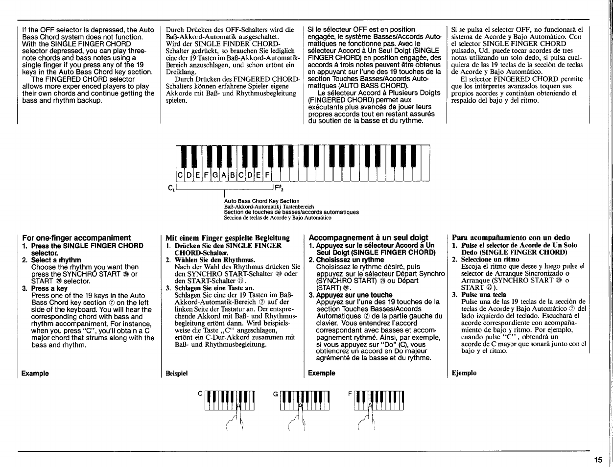 For one-finger accompaniment, Press the single finger chord selector, Select a itiythm | Press a key, Example, Accompagnement à un seul doigt, Choisissez un rythme, Appuyez sur une touche, Exemple, Шине | Yamaha PCR-800 User Manual | Page 17 / 35