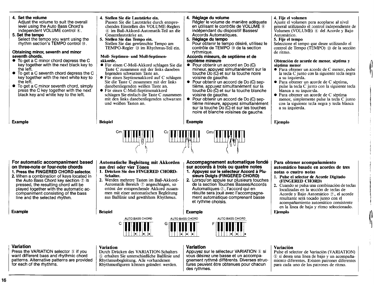 Set the volume, Set the tempo, Obtaining minor, seventh and minor seventh chords | Example, Réglage du volume, Réglage du tempo, Exemple, Press the fingered chord selector, Variation, Variación | Yamaha PCR-800 User Manual | Page 18 / 35