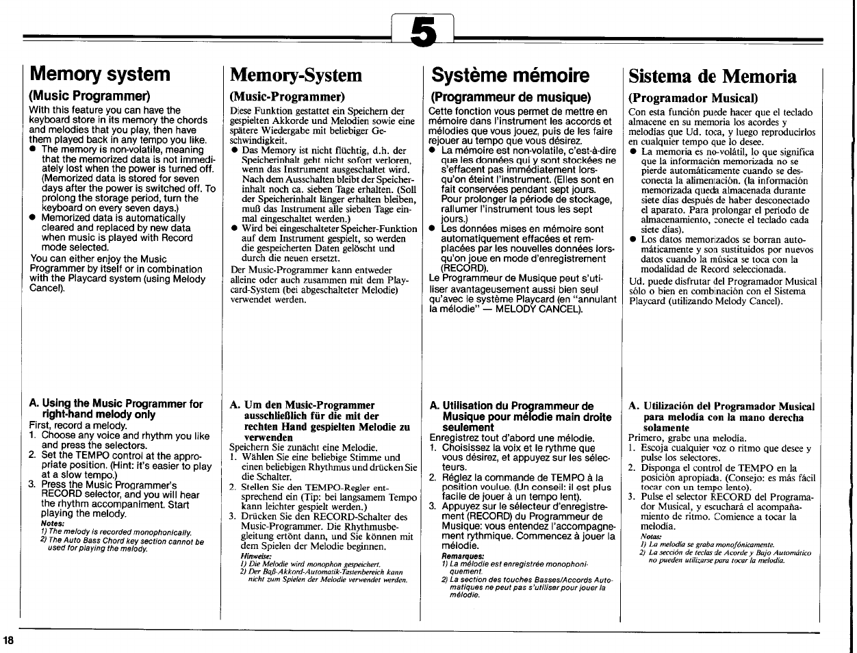 Music programmet), Memory-system, Music-programmer) | Programmeur de musique), Sistema de memoria, Programador musical), Système mémoire | Yamaha PCR-800 User Manual | Page 20 / 35