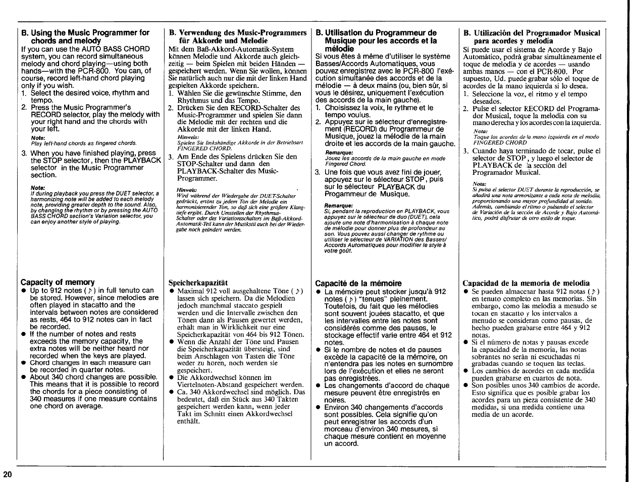 Capacity of memory, Speicherkapazität, Capacité de la mémoire | Capacidad de la memoria de melodía | Yamaha PCR-800 User Manual | Page 22 / 35