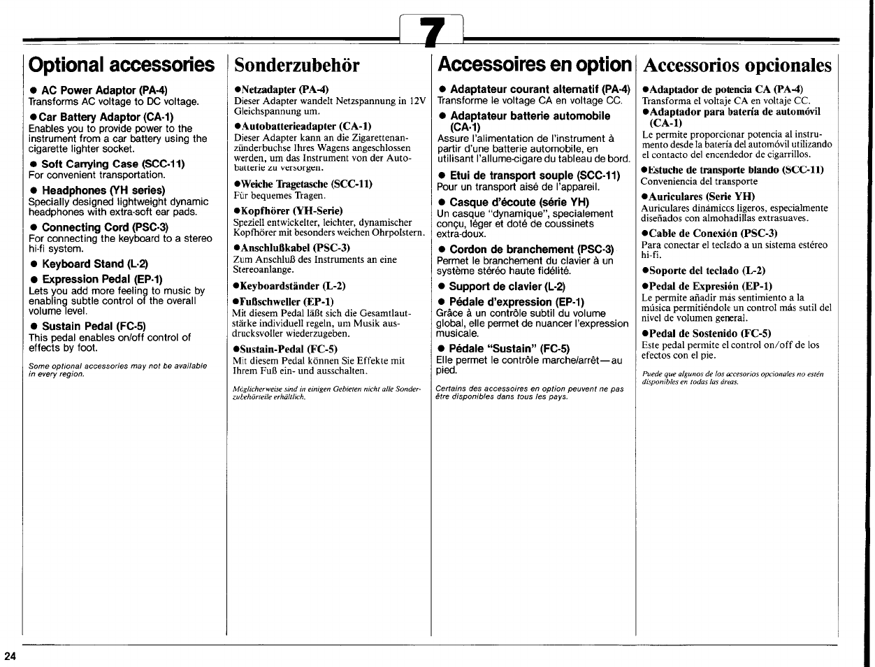 Ac power adaptor (pa-4), Car battery adaptor (ca-1), Soft carrying case (scc-11) | Headphones (yh series), Connecting cord (psc-3), Keyboard stand (l-2), Expression pedal (ep-1), Sustain pedal (fc-5), Sonderzubehör, Netzadapter (pa-4) | Yamaha PCR-800 User Manual | Page 26 / 35