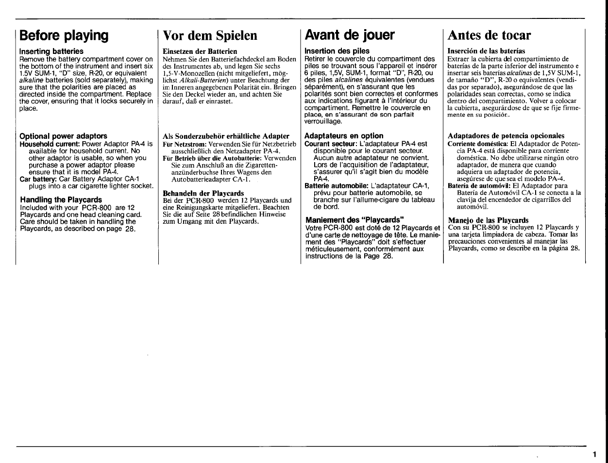 Inserting batteries, Handling the playcards, Vor dem spielen | Einsetzen der batterien, Als sonderzubehör erhältliche adapter, Behandeln der playcards, Insertion des piles, Maniement des “piaycards, Antes de tocar, Inserción de las baterías | Yamaha PCR-800 User Manual | Page 3 / 35