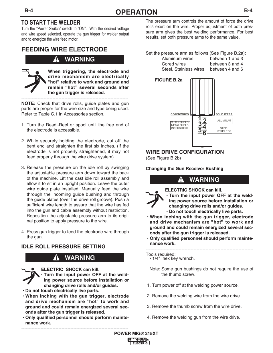 Operation, Feeding wire electrode, Warning | Lincoln Electric IM978 POWER MIG 215XT User Manual | Page 16 / 32