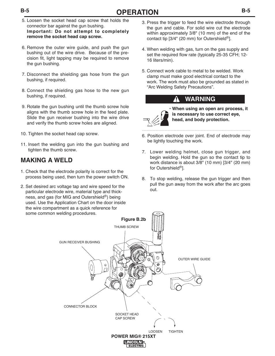 Operation, Warning, Making a weld | Lincoln Electric IM978 POWER MIG 215XT User Manual | Page 17 / 32