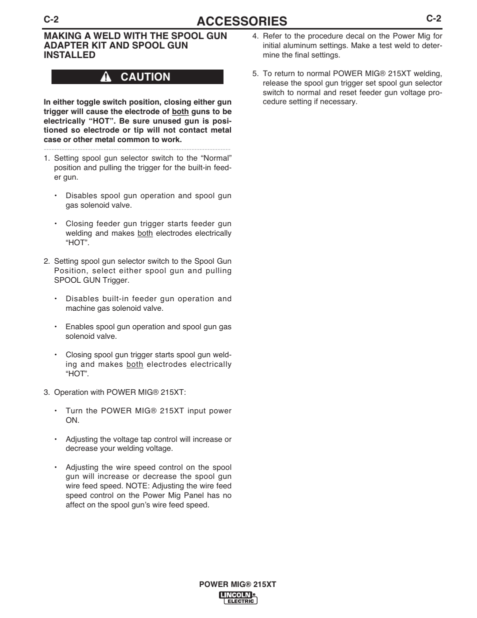 Accessories, Caution | Lincoln Electric IM978 POWER MIG 215XT User Manual | Page 20 / 32