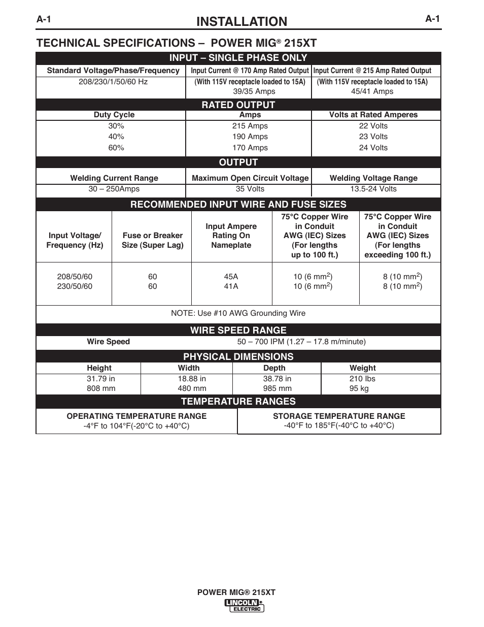 Installation, Technical specifications – power mig, 215xt | Lincoln Electric IM978 POWER MIG 215XT User Manual | Page 9 / 32