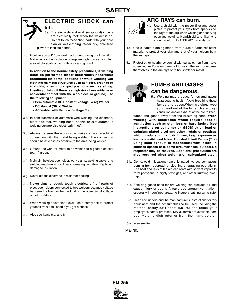 Safety, Arc rays can burn, Electric shock can kill | Fumes and gases can be dangerous, Pm 255 | Lincoln Electric IM676 RED-D-ARC PM 255 User Manual | Page 3 / 38