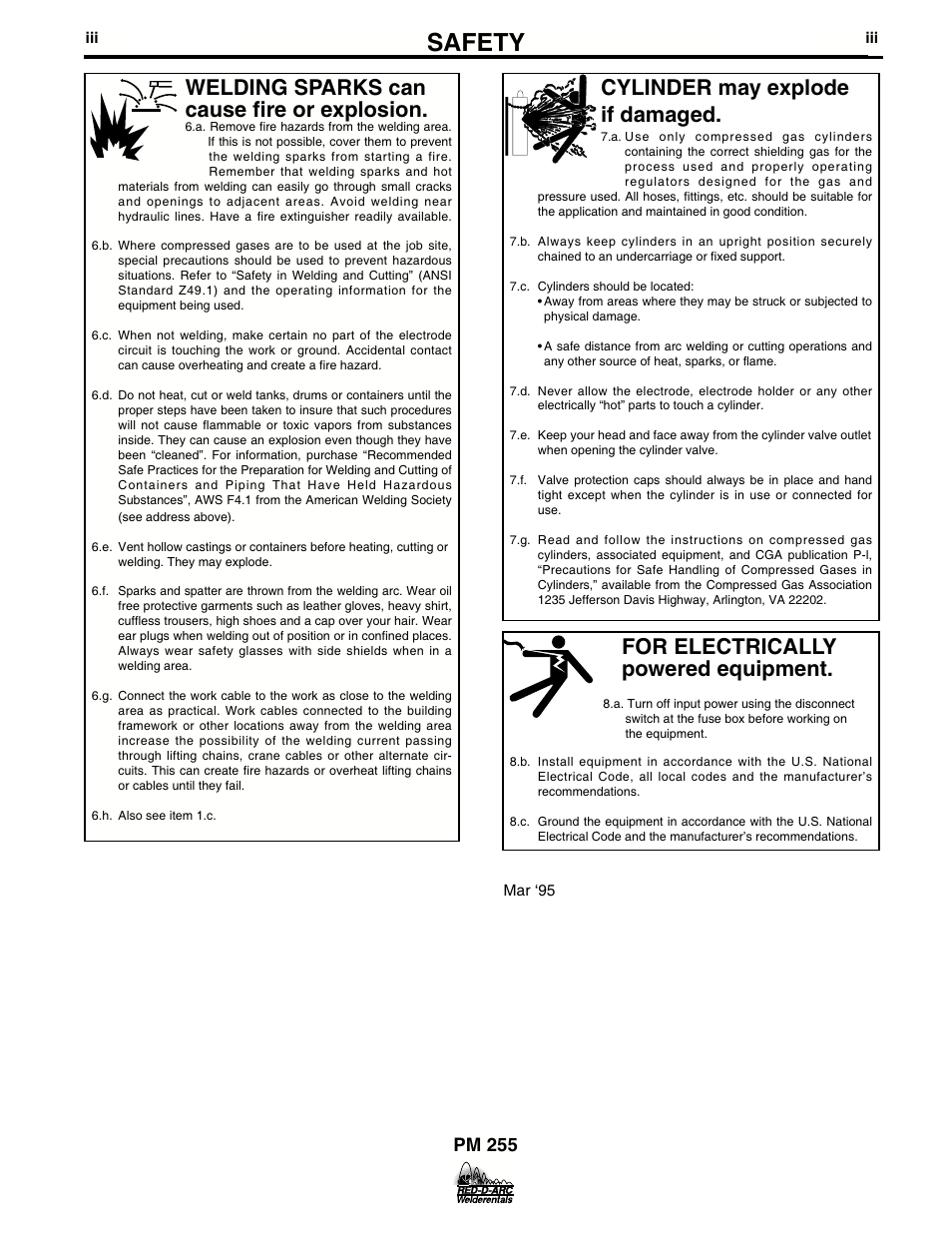 Safety, For electrically powered equipment, Cylinder may explode if damaged | Welding sparks can cause fire or explosion, Pm 255 | Lincoln Electric IM676 RED-D-ARC PM 255 User Manual | Page 4 / 38