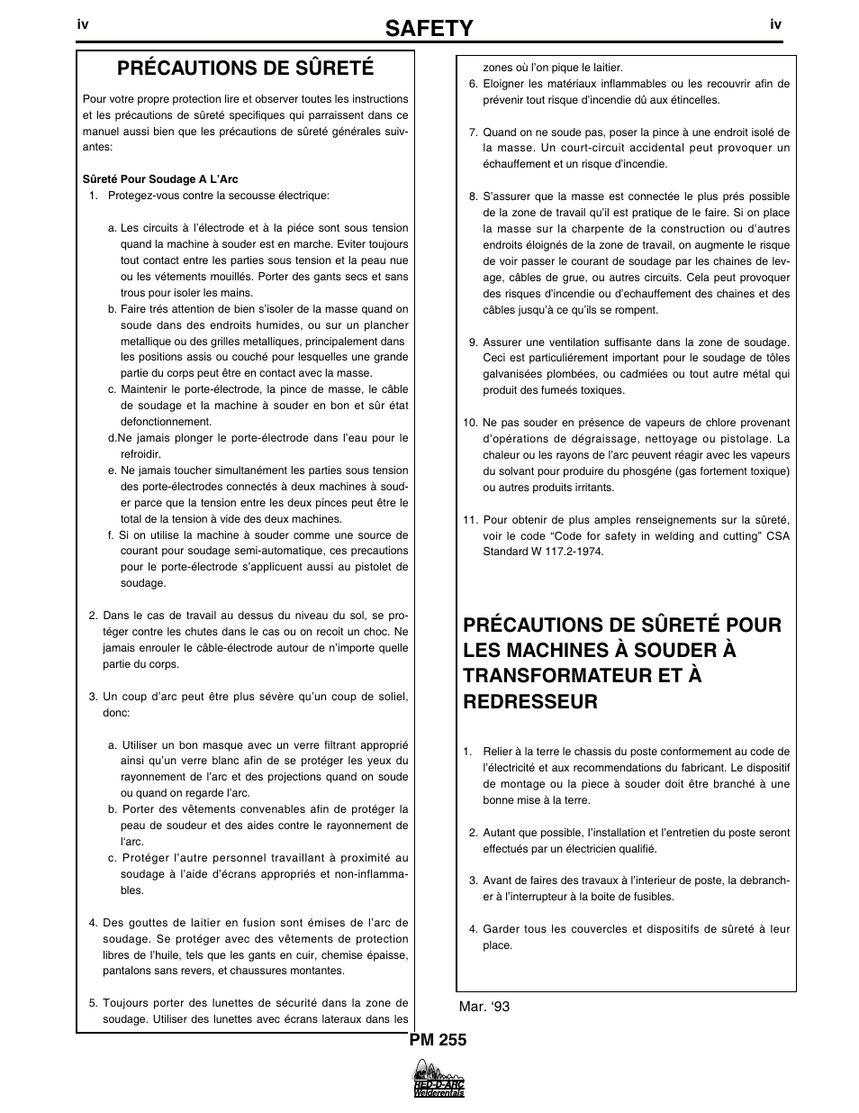 Safety, Précautions de sûreté, Pm 255 | Lincoln Electric IM676 RED-D-ARC PM 255 User Manual | Page 5 / 38