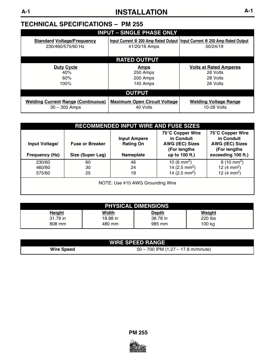 Installation, Technical specifications – pm 255 | Lincoln Electric IM676 RED-D-ARC PM 255 User Manual | Page 9 / 38