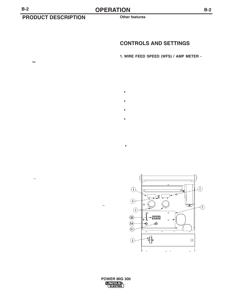 Operation, Product description, Controls and settings | Lincoln Electric IM736 POWER MIG 300 User Manual | Page 14 / 48