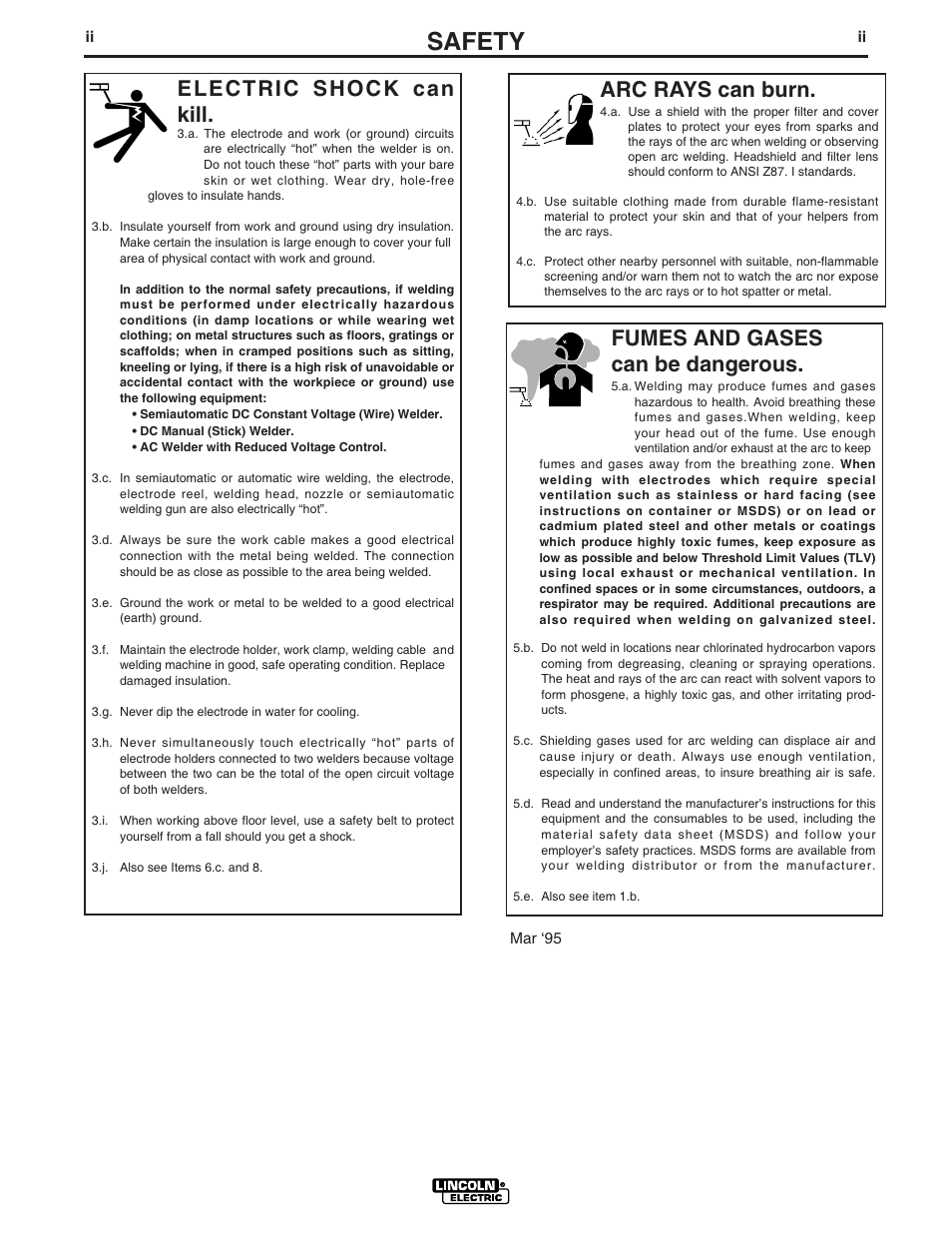 Safety, Arc rays can burn, Electric shock can kill | Fumes and gases can be dangerous | Lincoln Electric IM736 POWER MIG 300 User Manual | Page 3 / 48