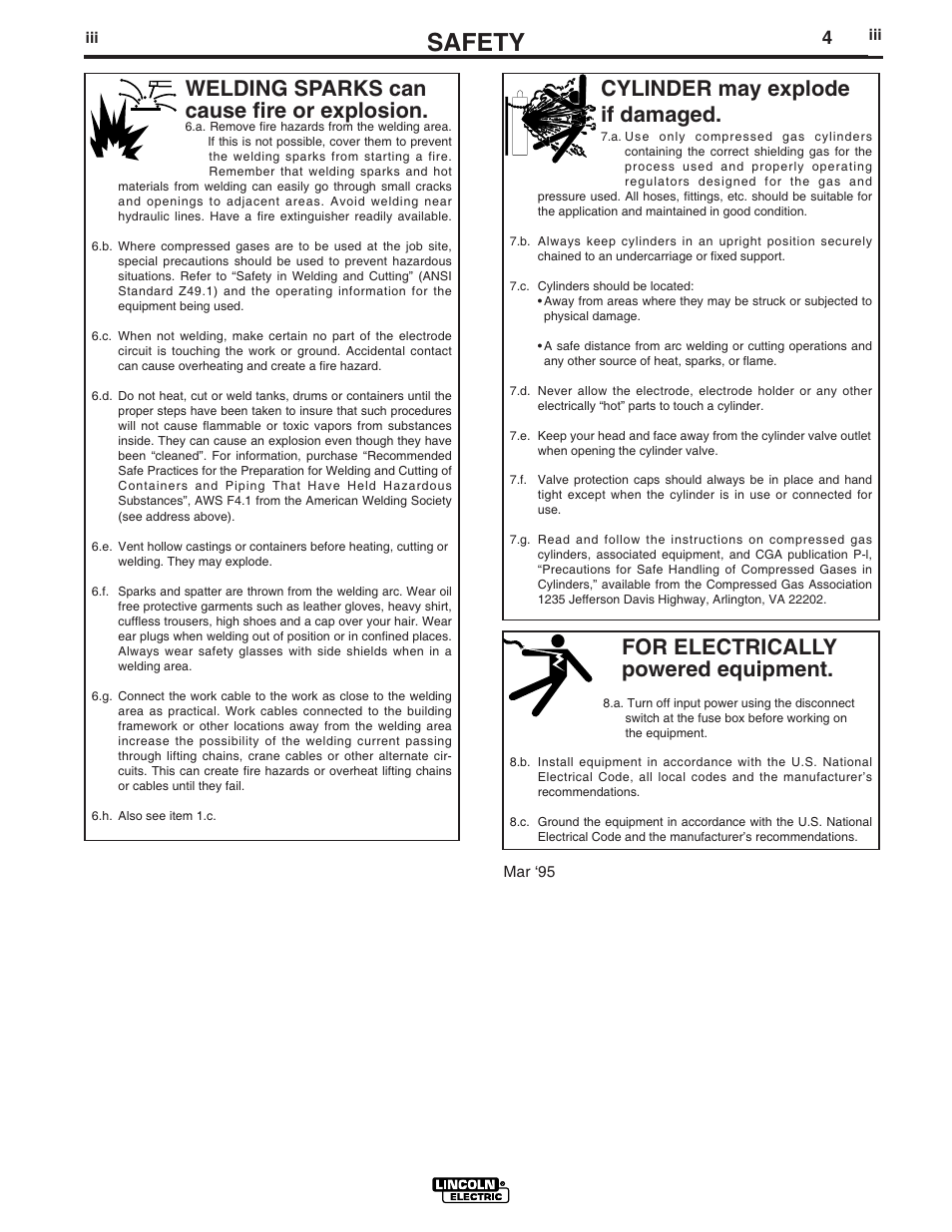 Safety, For electrically powered equipment, Cylinder may explode if damaged | Welding sparks can cause fire or explosion | Lincoln Electric IM736 POWER MIG 300 User Manual | Page 4 / 48