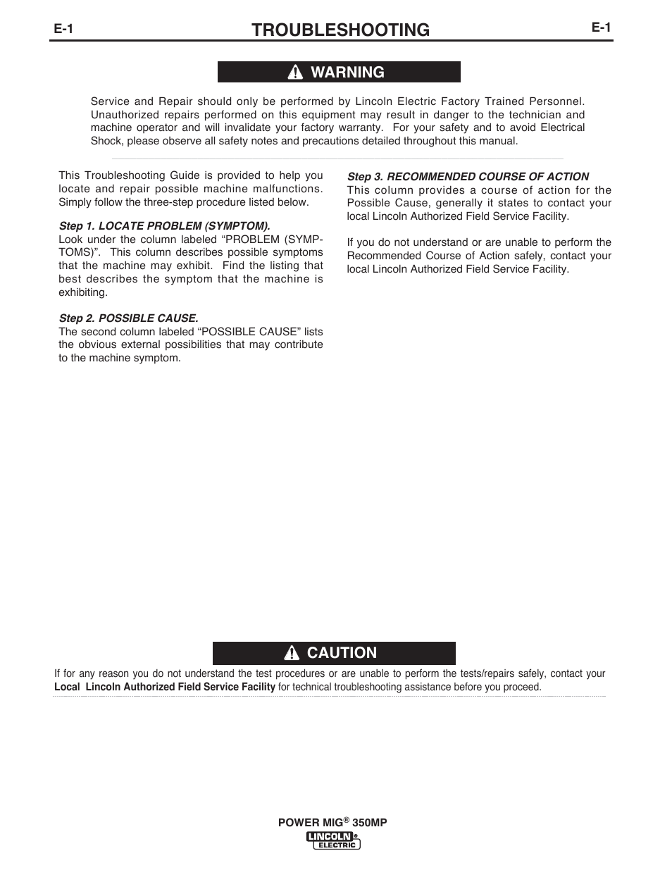 Troubleshooting, Caution, Warning | Lincoln Electric IM859 POWER MIG 350MP User Manual | Page 31 / 47