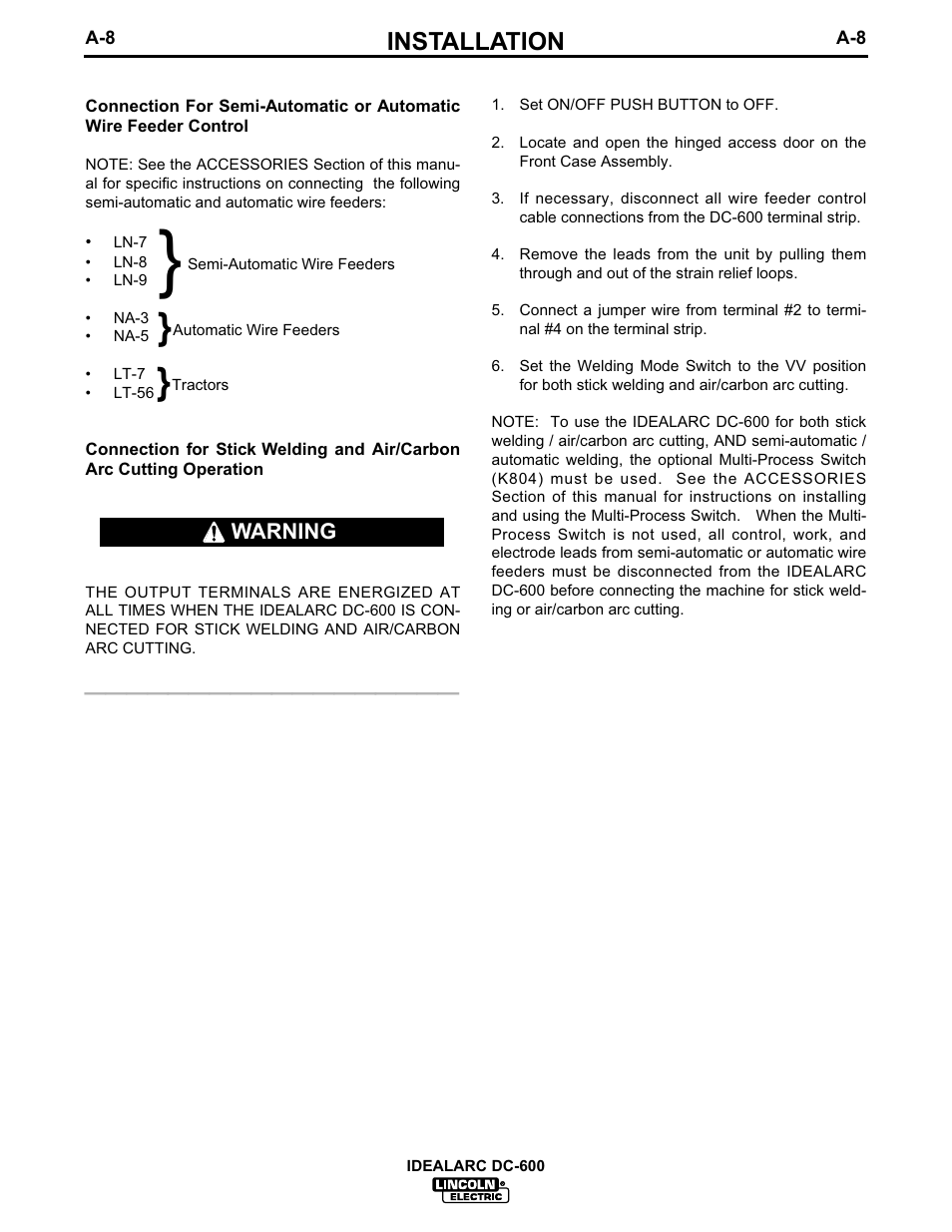 Installation | Lincoln Electric IM306 IDEALARC DC-600 User Manual | Page 16 / 54