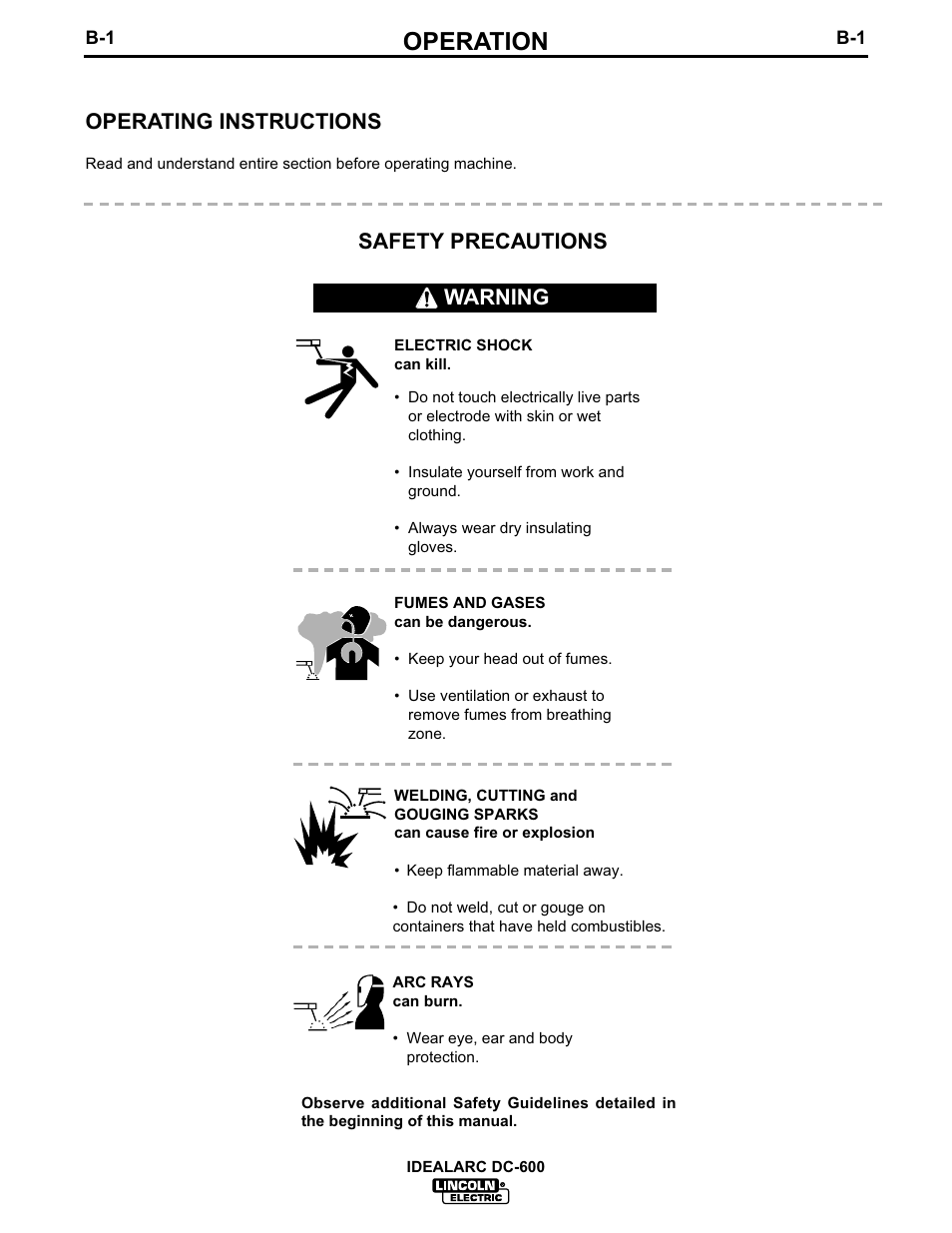 Operation, Operating instructions, Safety precautions | Warning | Lincoln Electric IM306 IDEALARC DC-600 User Manual | Page 17 / 54