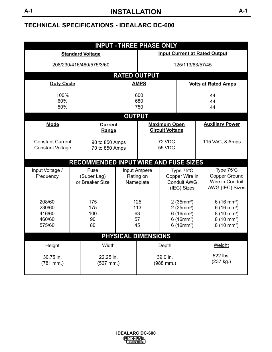 Installation, Technical specifications - idealarc dc-600 | Lincoln Electric IM306 IDEALARC DC-600 User Manual | Page 9 / 54