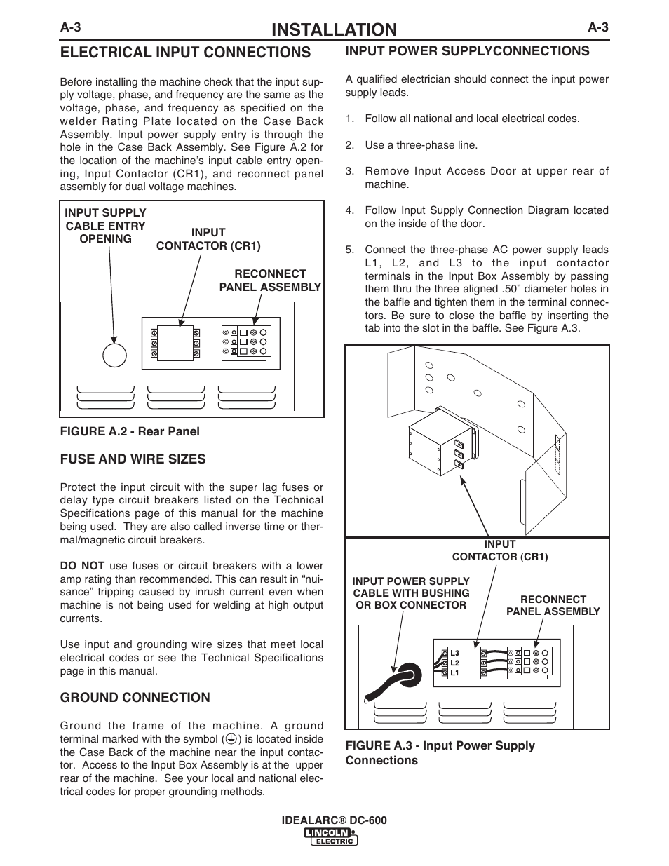 Installation, Electrical input connections | Lincoln Electric IM642 IDEALARC DC-600 User Manual | Page 11 / 57