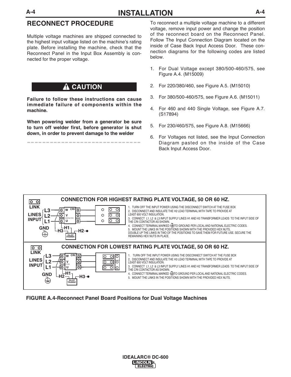 Installation, Reconnect procedure, Caution | Lincoln Electric IM642 IDEALARC DC-600 User Manual | Page 12 / 57