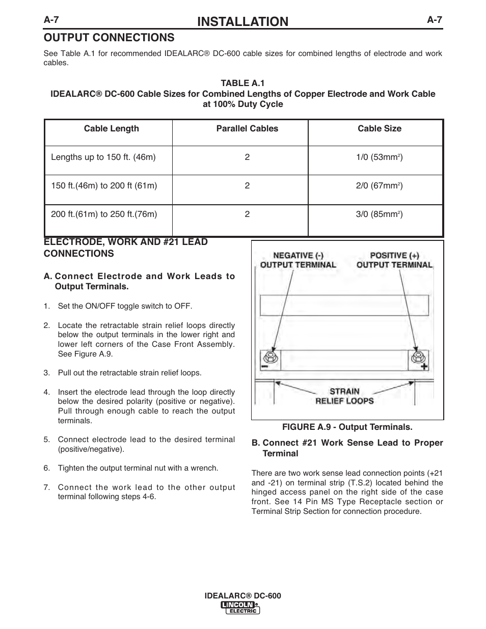 Installation, Output connections | Lincoln Electric IM642 IDEALARC DC-600 User Manual | Page 15 / 57