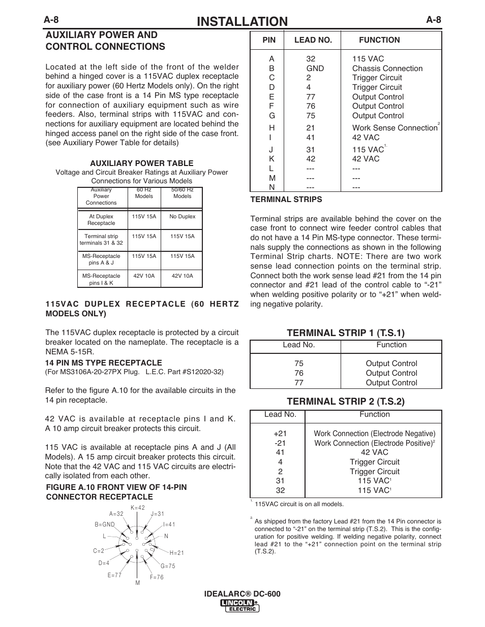 Installation, Terminal strip 1 (t.s.1) terminal strip 2 (t.s.2), A-8 auxiliary power and control connections | Lincoln Electric IM642 IDEALARC DC-600 User Manual | Page 16 / 57