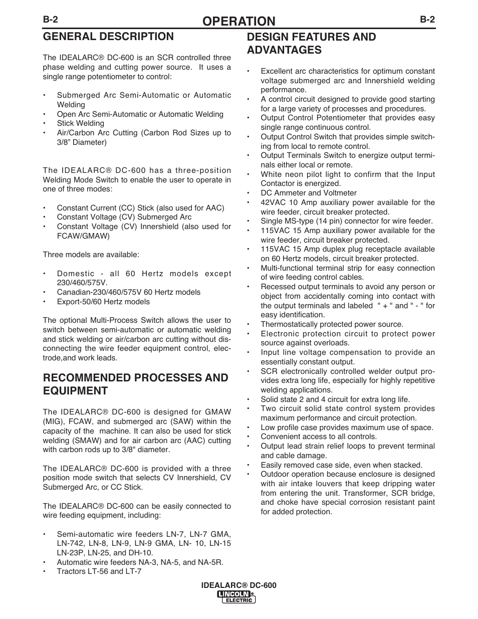 Operation, General description, Recommended processes and equipment | Design features and advantages | Lincoln Electric IM642 IDEALARC DC-600 User Manual | Page 18 / 57