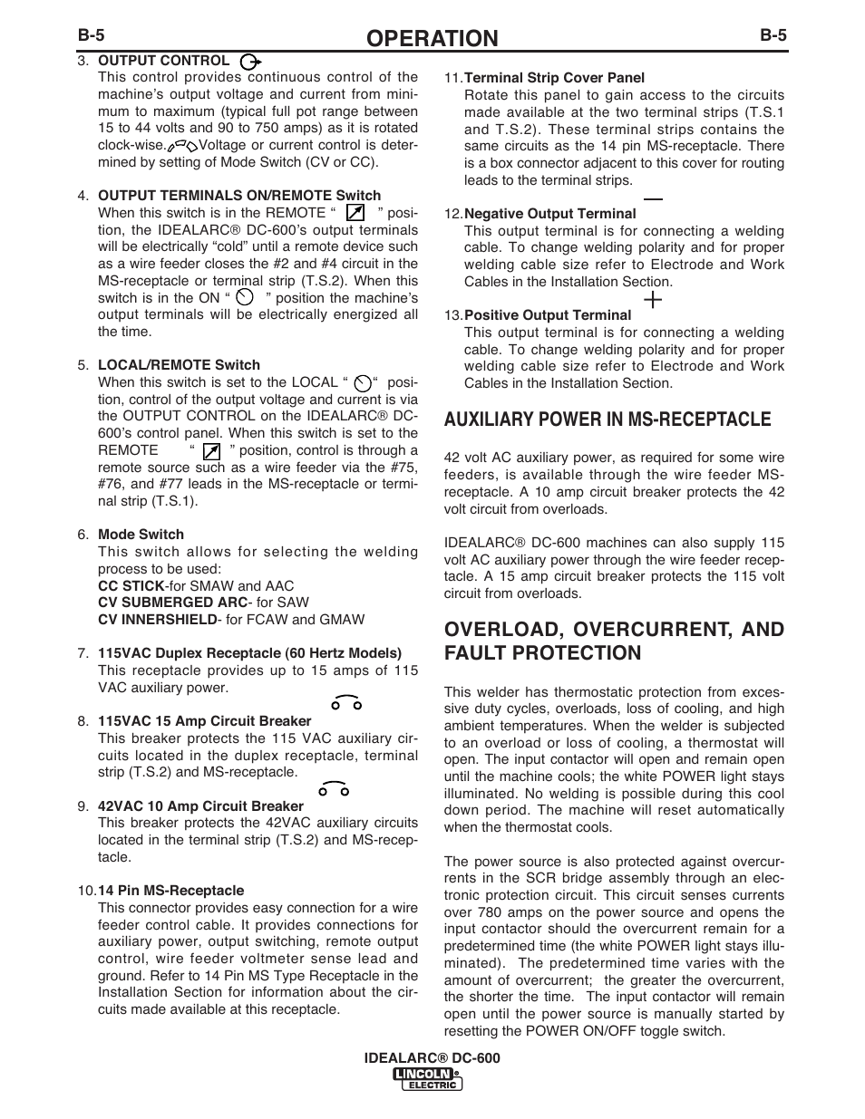 Operation, Auxiliary power in ms-receptacle, Overload, overcurrent, and fault protection | Lincoln Electric IM642 IDEALARC DC-600 User Manual | Page 21 / 57