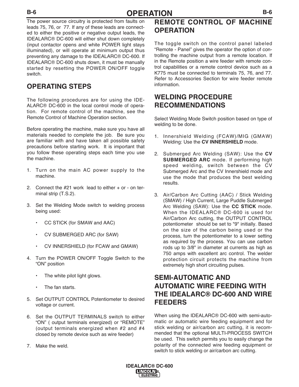 Operation, Remote control of machine operation, Welding procedure recommendations | Operating steps | Lincoln Electric IM642 IDEALARC DC-600 User Manual | Page 22 / 57