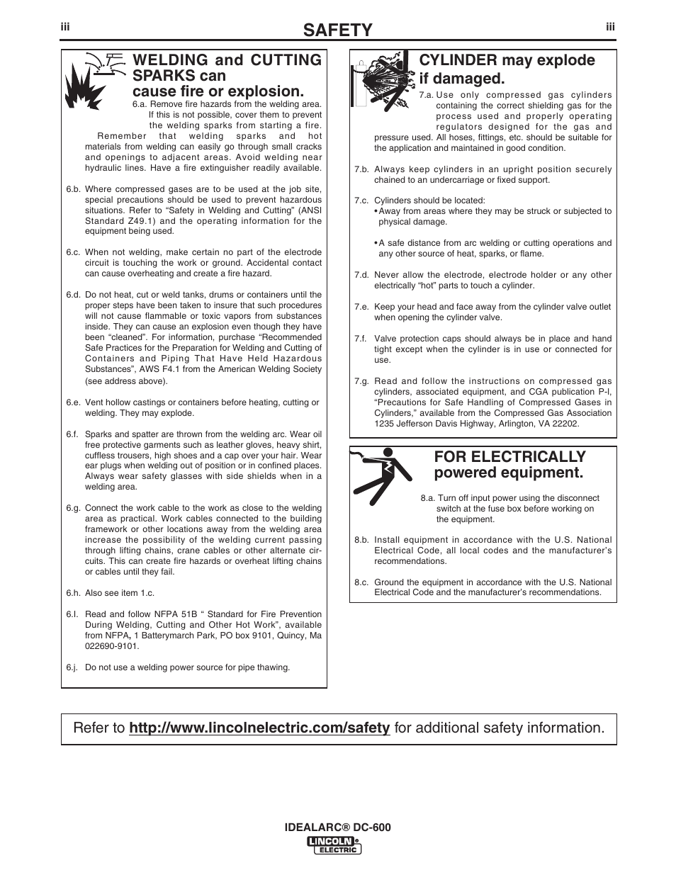 Safety, For electrically powered equipment, Cylinder may explode if damaged | Lincoln Electric IM642 IDEALARC DC-600 User Manual | Page 4 / 57