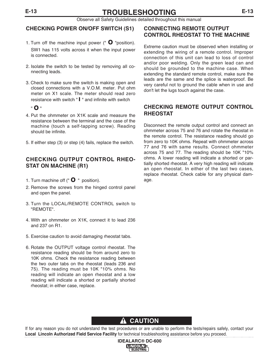 Troubleshooting, Caution | Lincoln Electric IM642 IDEALARC DC-600 User Manual | Page 41 / 57