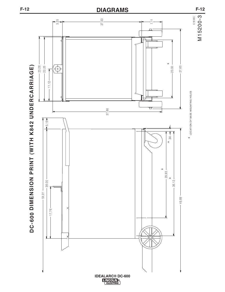 Diagrams, Dimension print (with k 8 42 undercarriage), Dc-6 00 | F-12 | Lincoln Electric IM642 IDEALARC DC-600 User Manual | Page 53 / 57