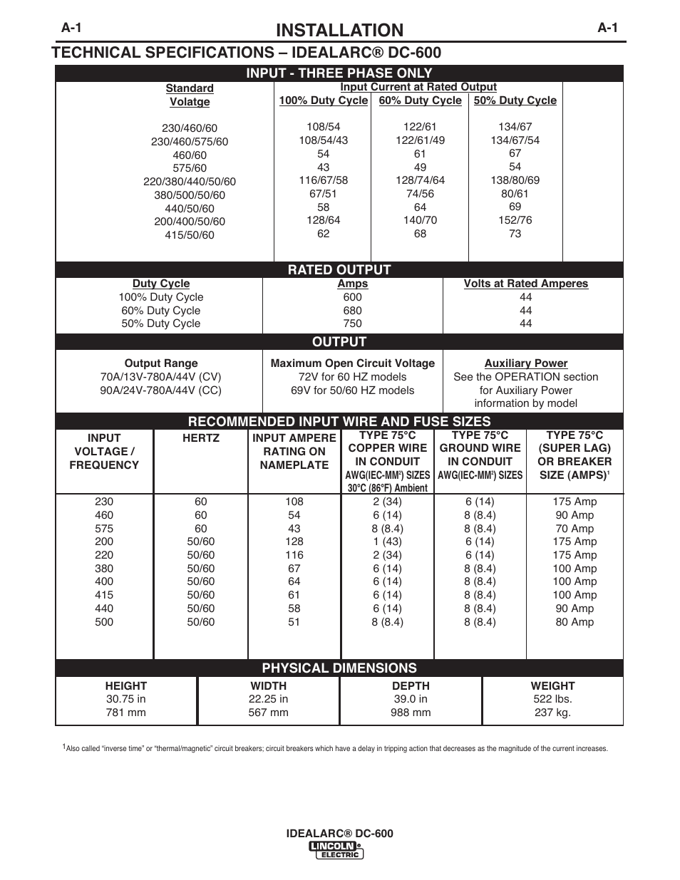 Installation, Technical specifications – idealarc® dc-600 | Lincoln Electric IM642 IDEALARC DC-600 User Manual | Page 9 / 57