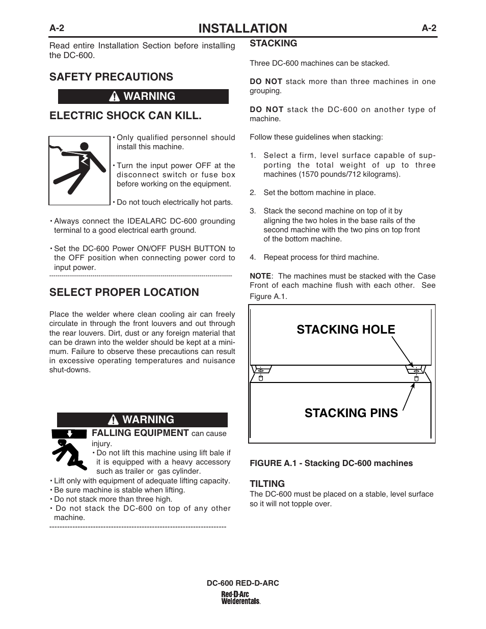 Installation, Stacking hole stacking pins, Safety precautions electric shock can kill | Select proper location, Warning | Lincoln Electric IM669 RED-D-ARC DC-600 User Manual | Page 10 / 49