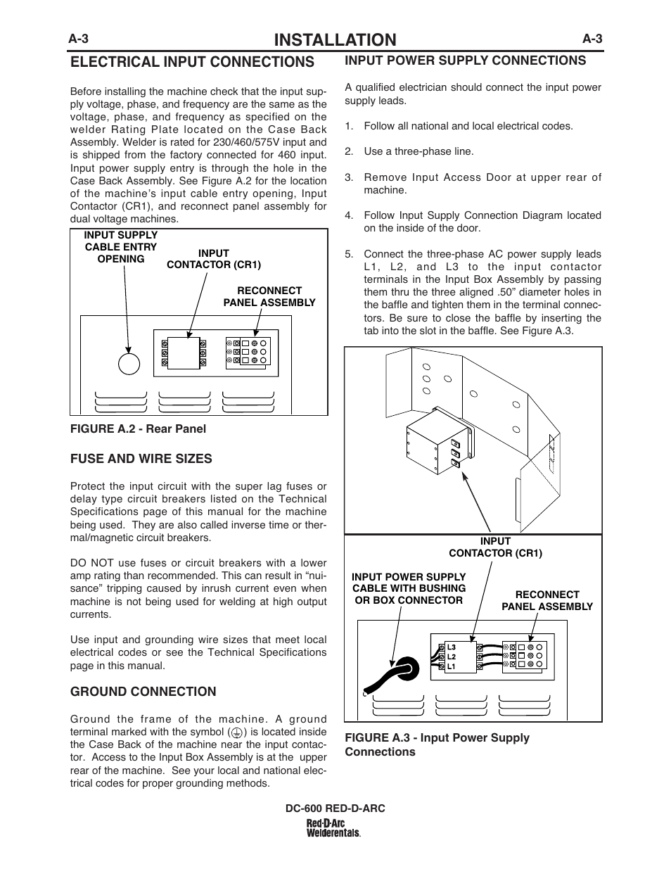 Installation, Electrical input connections | Lincoln Electric IM669 RED-D-ARC DC-600 User Manual | Page 11 / 49