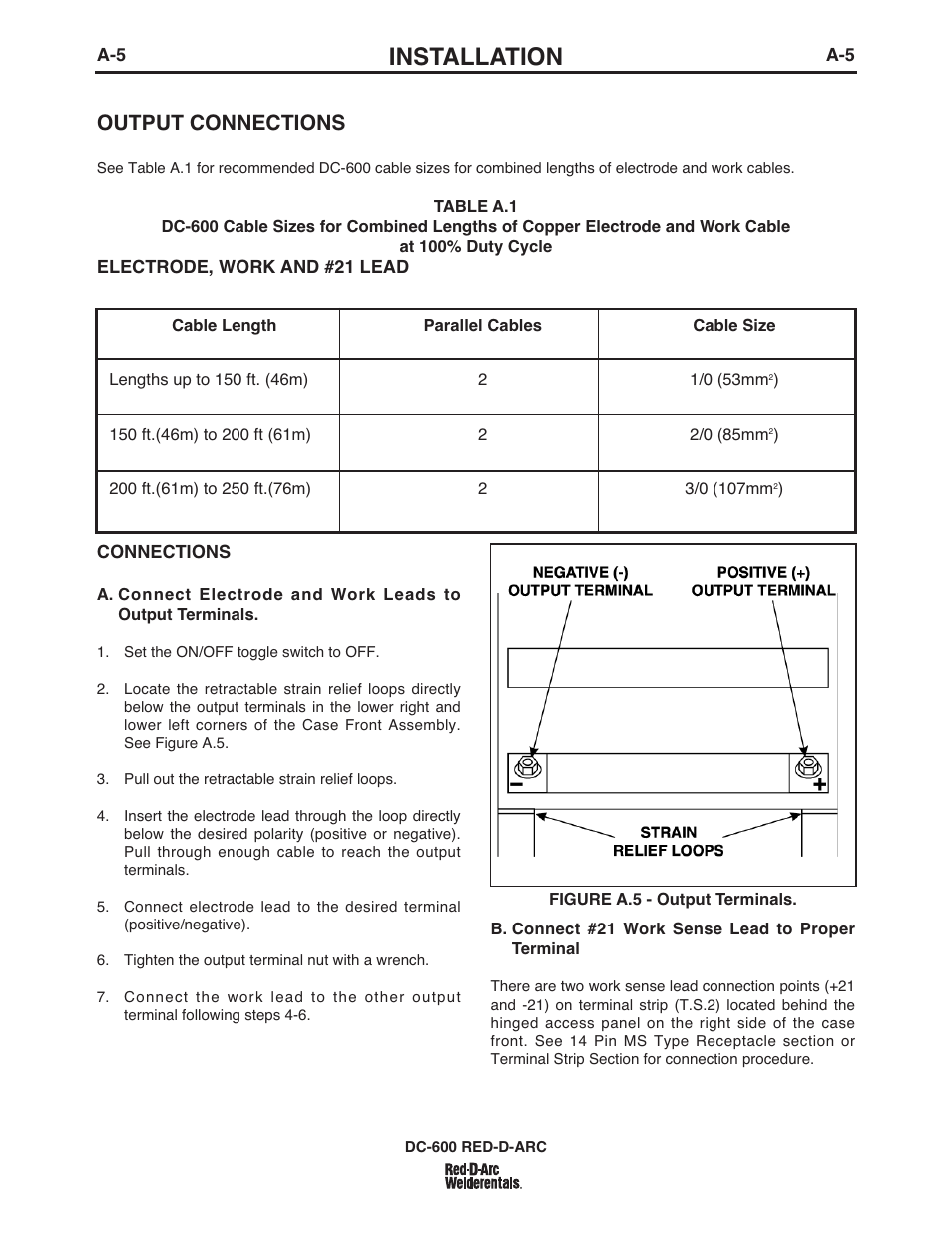 Installation, Output connections | Lincoln Electric IM669 RED-D-ARC DC-600 User Manual | Page 13 / 49