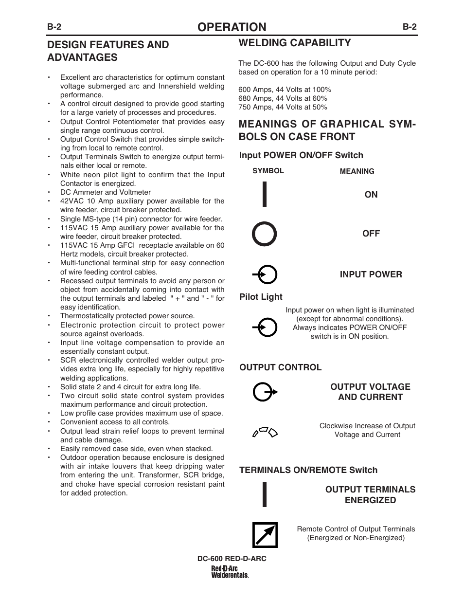 Operation, Welding capability, Meanings of graphical sym- bols on case front | Design features and advantages | Lincoln Electric IM669 RED-D-ARC DC-600 User Manual | Page 17 / 49
