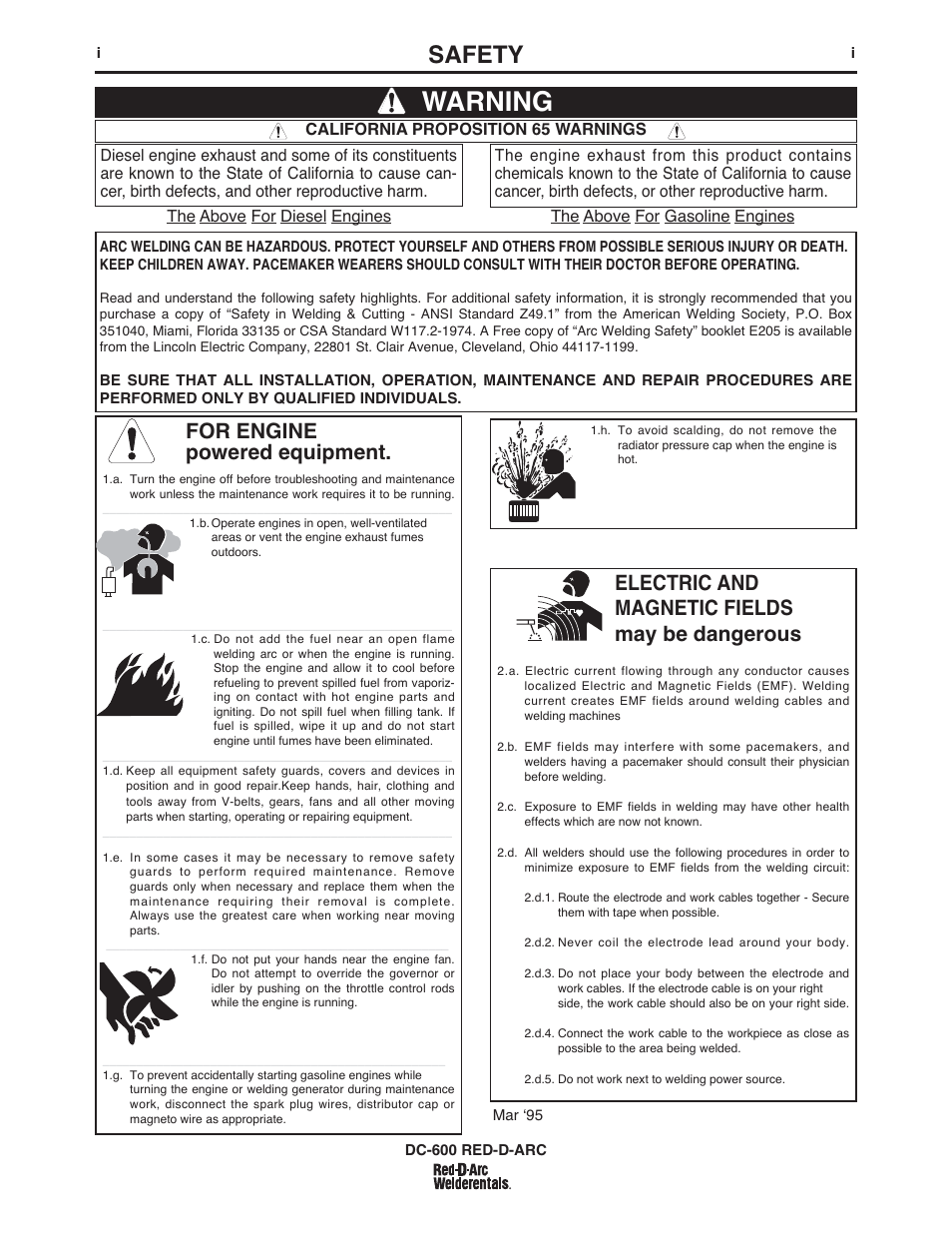 Warning, Safety, For engine powered equipment | Electric and magnetic fields may be dangerous | Lincoln Electric IM669 RED-D-ARC DC-600 User Manual | Page 2 / 49