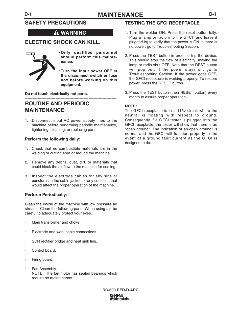 Maintenance, Safety precautions electric shock can kill, Routine and periodic maintenance | Warning | Lincoln Electric IM669 RED-D-ARC DC-600 User Manual | Page 28 / 49