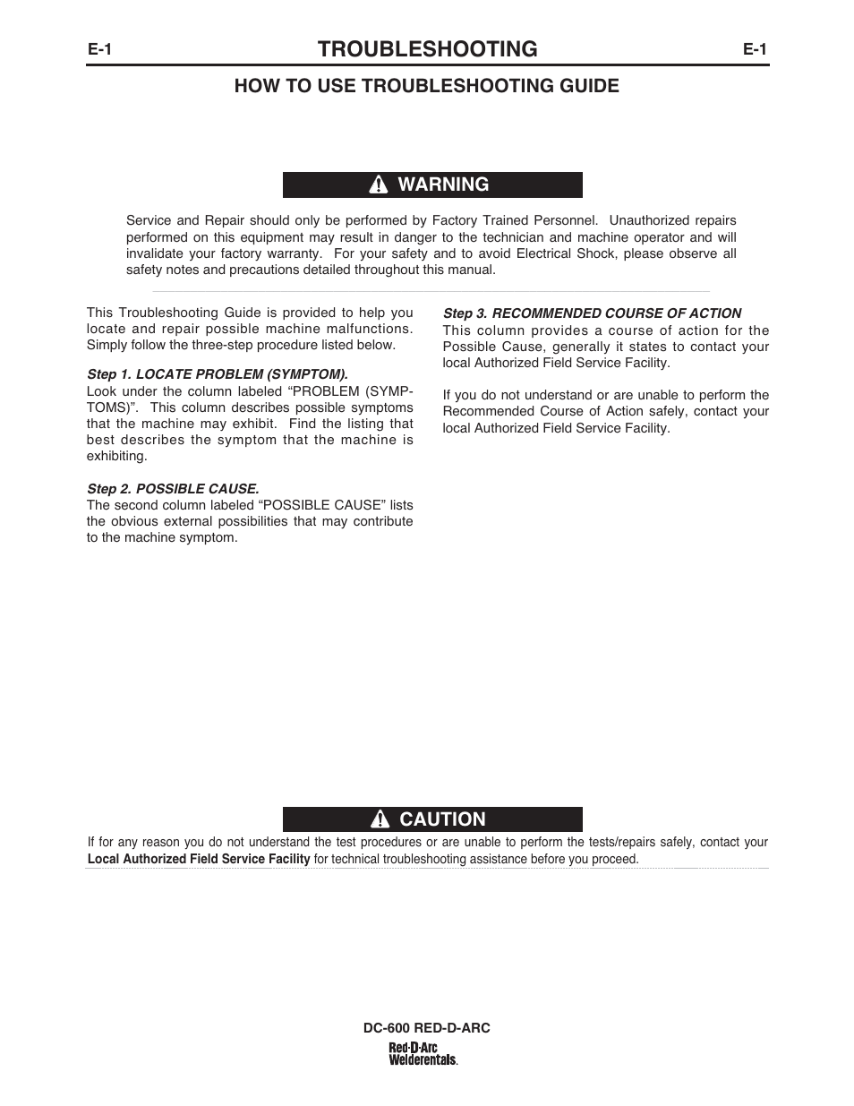 Troubleshooting, Caution, How to use troubleshooting guide | Warning | Lincoln Electric IM669 RED-D-ARC DC-600 User Manual | Page 29 / 49