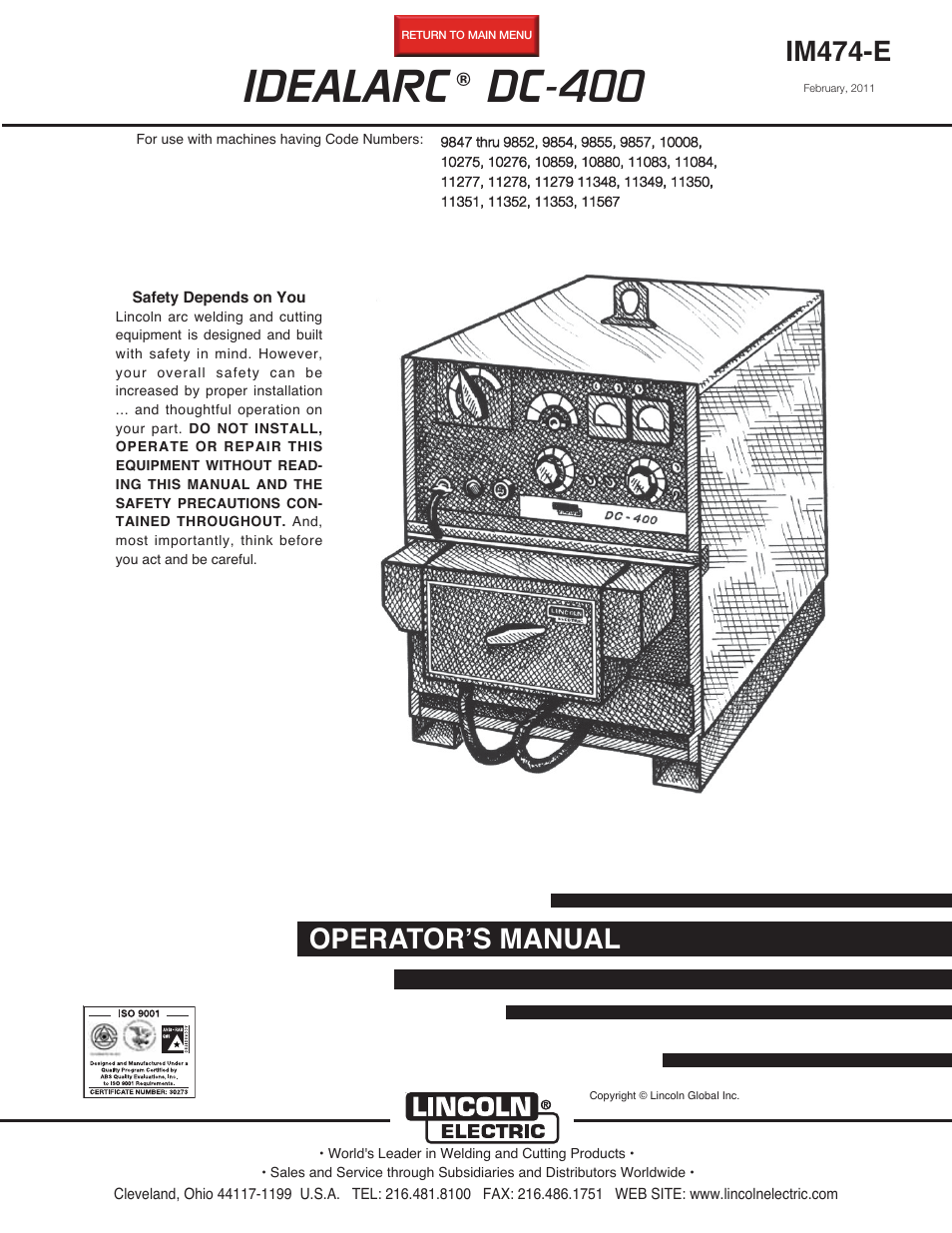 Lincoln Electric IM474 IDEALARC DC-400 User Manual | 42 pages