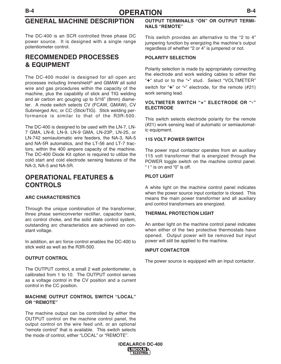 Operation, General machine description, Recommended processes & equipment | Operational features & controls | Lincoln Electric IM474 IDEALARC DC-400 User Manual | Page 17 / 42