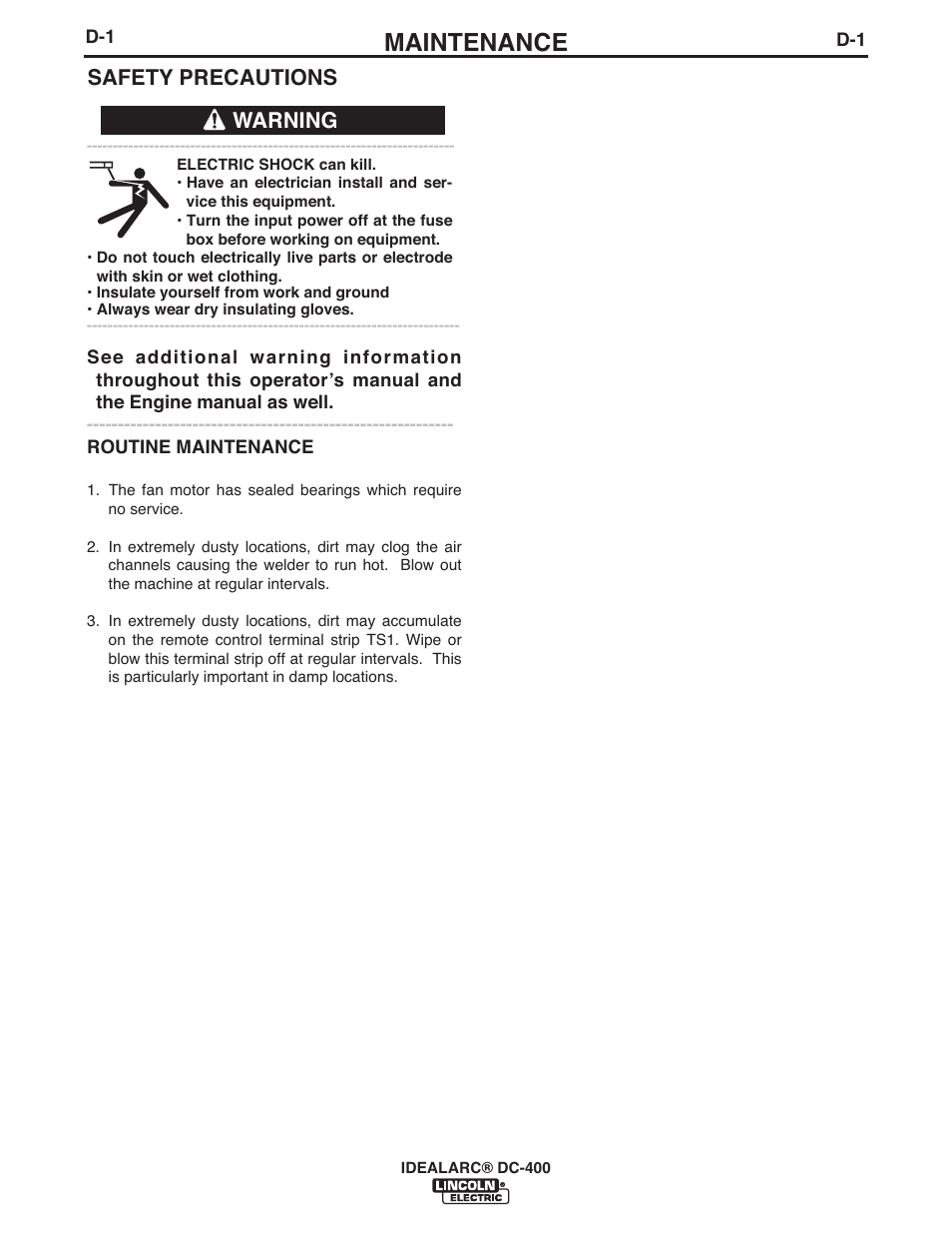 Maintenance, Safety precautions, Warning | Lincoln Electric IM474 IDEALARC DC-400 User Manual | Page 25 / 42