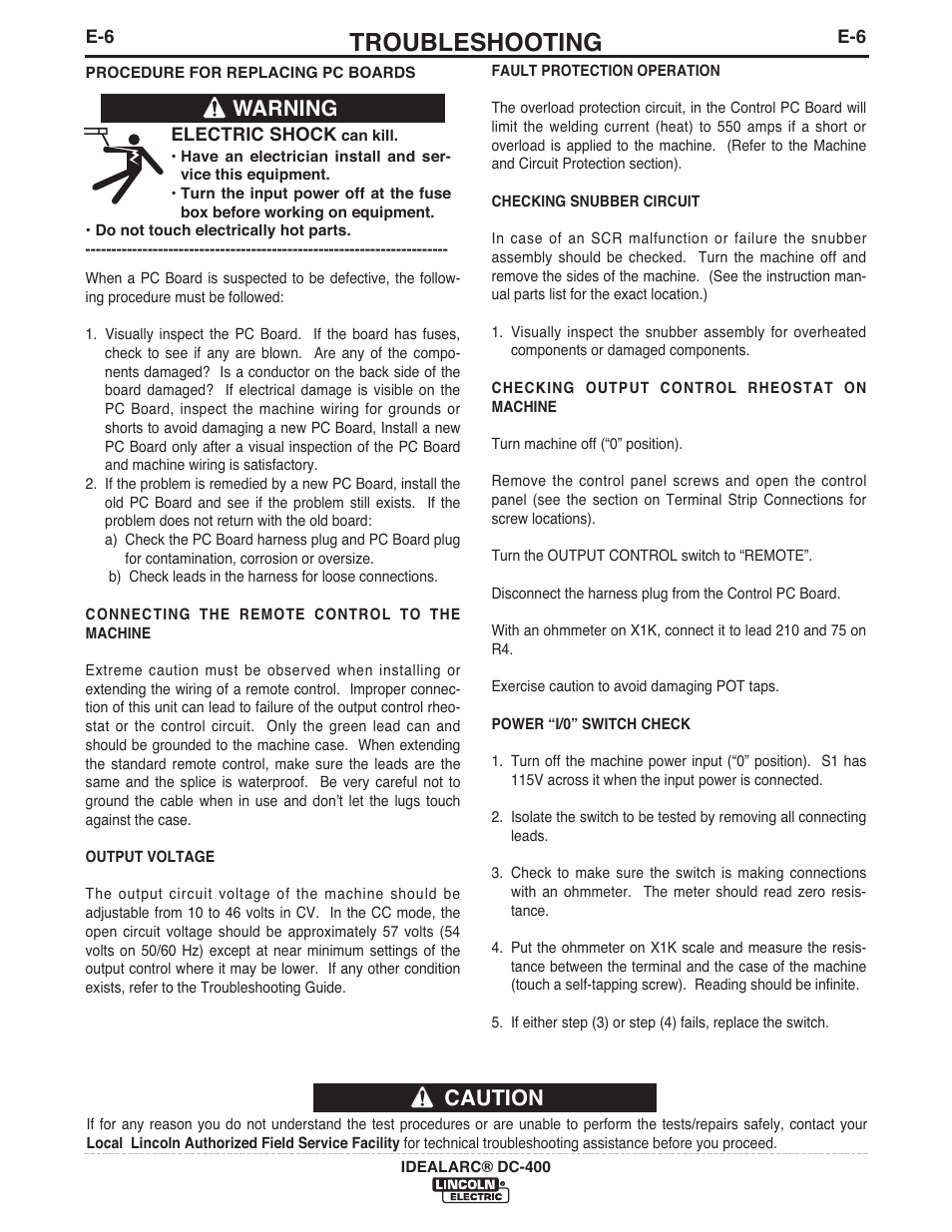 Troubleshooting, Caution, Warning | Lincoln Electric IM474 IDEALARC DC-400 User Manual | Page 31 / 42