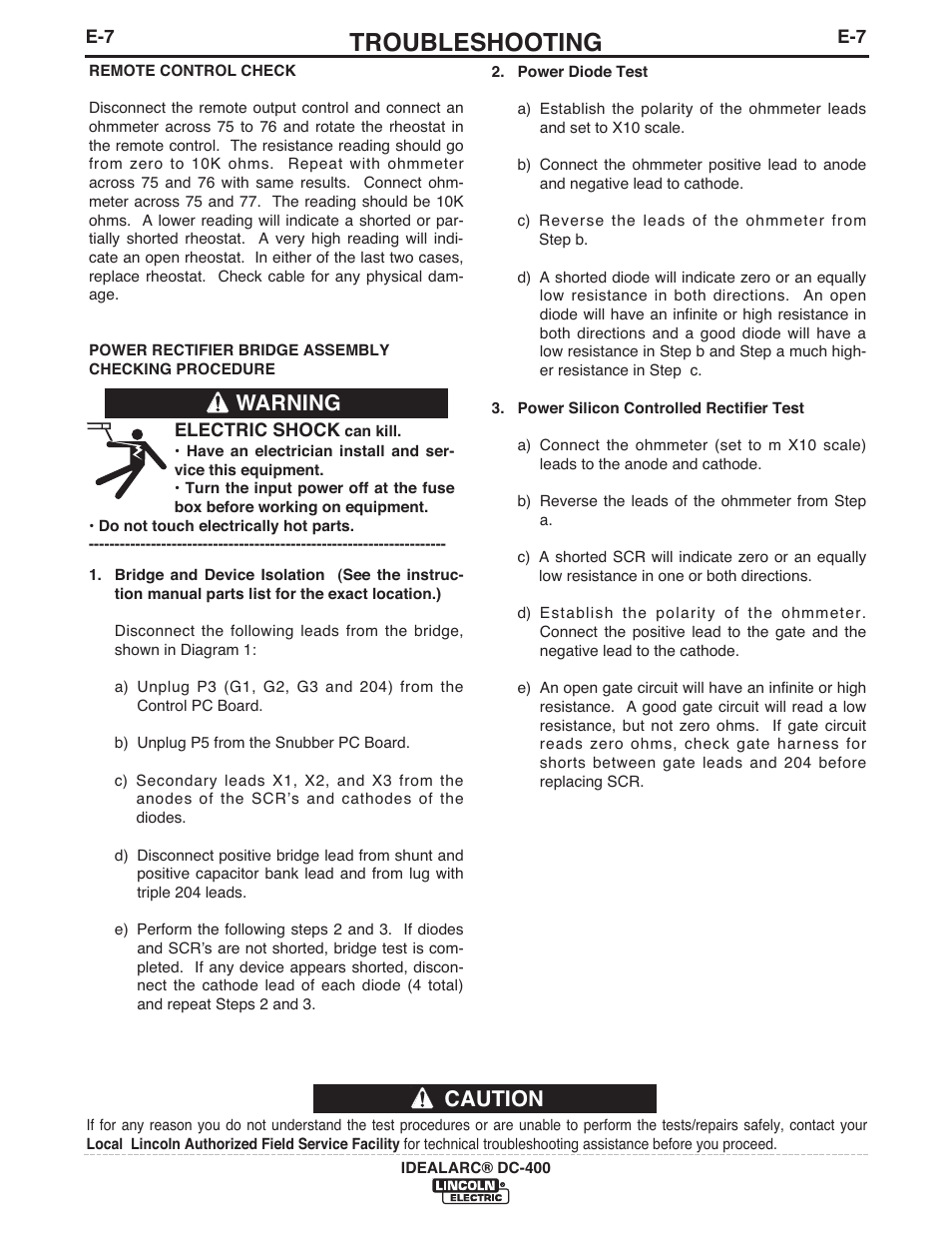 Troubleshooting, Caution, Warning | Lincoln Electric IM474 IDEALARC DC-400 User Manual | Page 32 / 42