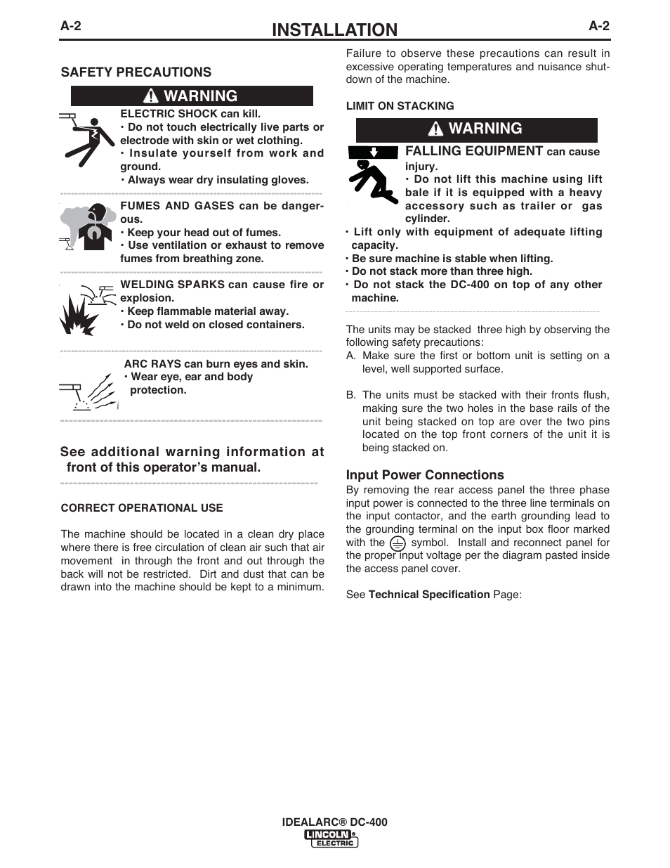 Installation, Warning | Lincoln Electric IM474 IDEALARC DC-400 User Manual | Page 9 / 42